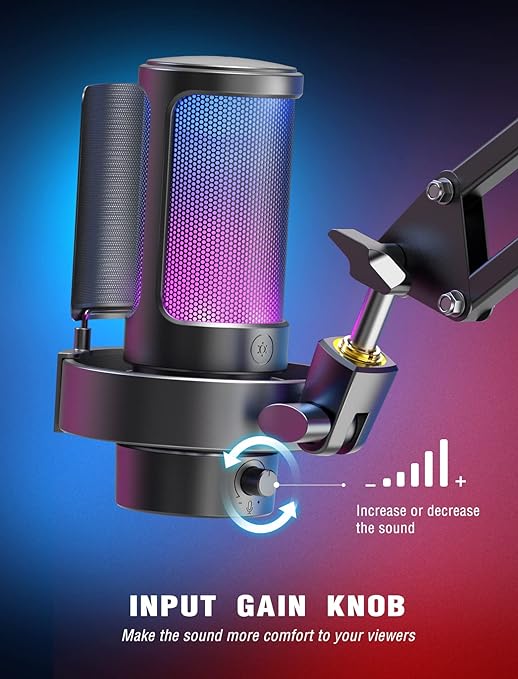 Gaming PC Microphone, USB Desktop Condenser RGB Control Mic for Recording Streaming Podcasts YouTube on Mac/Computer/PS4/PS5, with Mute Button, Mic Gain, Headphone Jack, Monitoring-A8