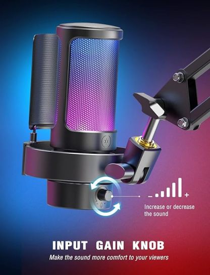 Gaming PC Microphone, USB Desktop Condenser RGB Control Mic for Recording Streaming Podcasts YouTube on Mac/Computer/PS4/PS5, with Mute Button, Mic Gain, Headphone Jack, Monitoring-A8