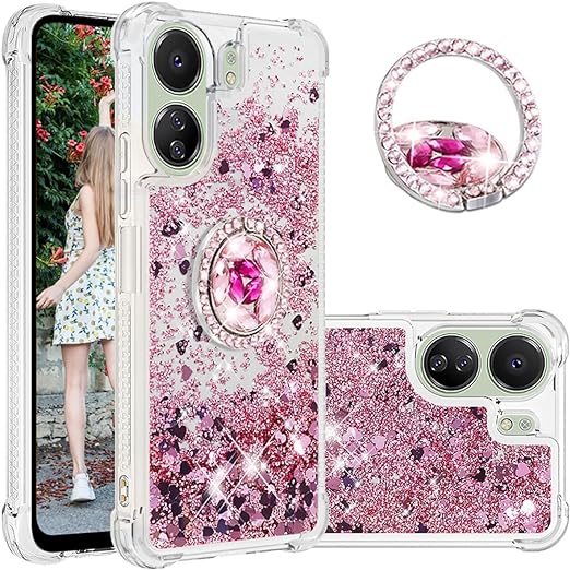 EnZo Quicksand Case for Xiaomi Redmi 13C 4G for Women Girls, Glitter Sparkle Flowing Clear Liquid Cover Case with Bling Diamond Kickstand for Xiaomi Redmi 13C 4G