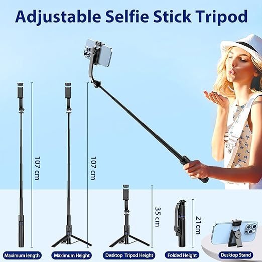 Selfie Stick Tripod with Detachable Phone Holder & Remote, 107 cm Extendable Cell Phone Tripod for iPhone Samsung Android Smartphones GoPro,Portable Travel Tripod Stand