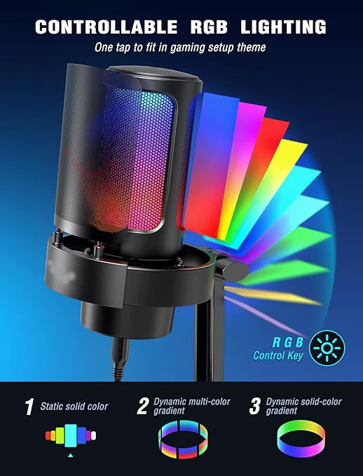 Gaming PC Microphone, USB Desktop Condenser RGB Control Mic for Recording Streaming Podcasts YouTube on Mac/Computer/PS4/PS5, with Mute Button, Mic Gain, Headphone Jack, Monitoring-A8