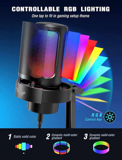 Gaming PC Microphone, USB Desktop Condenser RGB Control Mic for Recording Streaming Podcasts YouTube on Mac/Computer/PS4/PS5, with Mute Button, Mic Gain, Headphone Jack, Monitoring-A8
