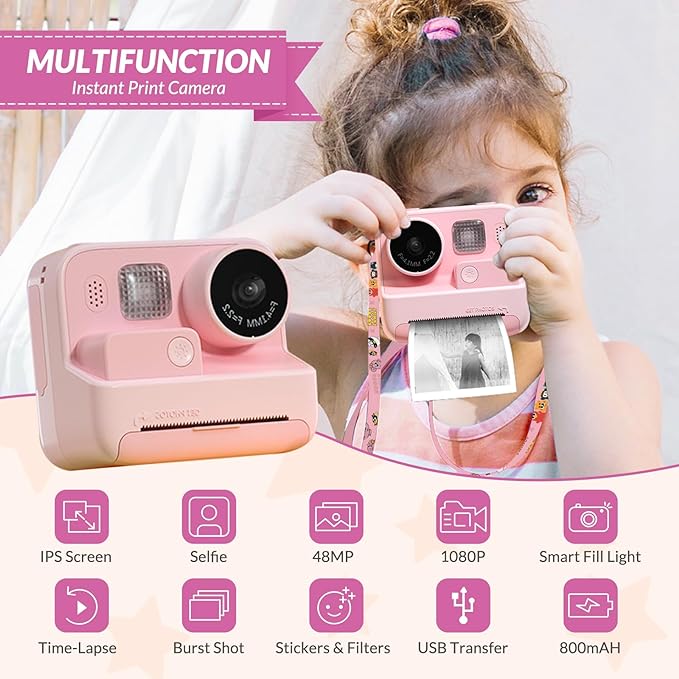 Kids Camera Instant Print, 48MP Digital Camera Selfie 1080P Video Camera with 32G TF Card, Toys Gifts for Girls Boys Aged 3-12 for Christmas/Birthday/Holiday