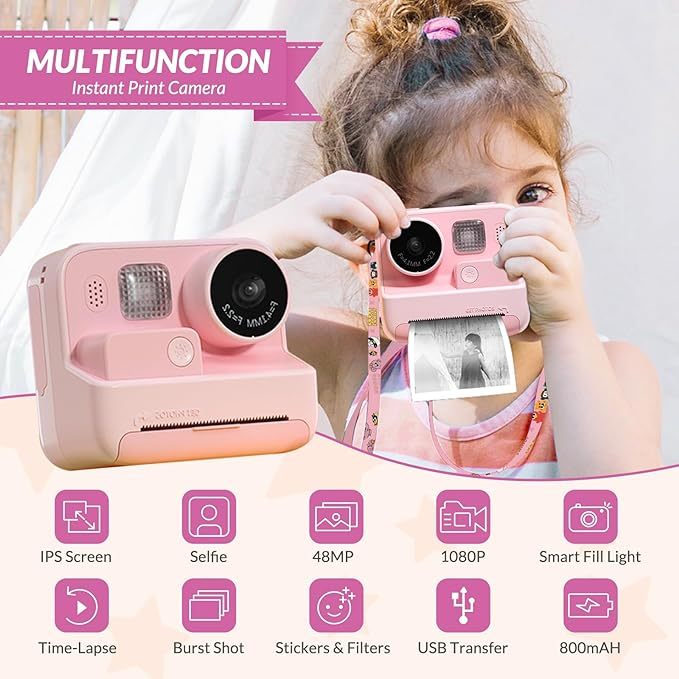 Kids Camera Instant Print, 48MP Digital Camera Selfie 1080P Video Camera with 32G TF Card, Toys Gifts for Girls Boys Aged 3-12 for Christmas/Birthday/Holiday