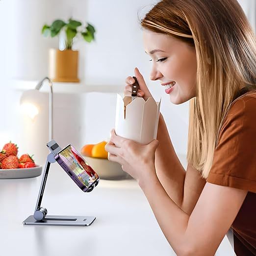 Cell Phone Stand Desk Phone Holder Compatible with iPhone 15 14 13 12 Pro Max 11 XS Max XR X 8 Plus, Fully Adjustable Foldable Desktop Aluminum Smartphone Stand