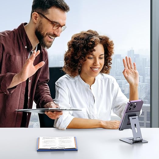 Cell Phone Stand Desk Phone Holder Compatible with iPhone 15 14 13 12 Pro Max 11 XS Max XR X 8 Plus, Fully Adjustable Foldable Desktop Aluminum Smartphone Stand
