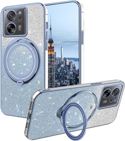 EnZo Compatible with Xiaomi 13T Pro Case Glitter with Stand Pink,Xiaomi 13T Phone Case Silicone Transparent Support Wireless Charging Shockproof Luxury Protective Cover