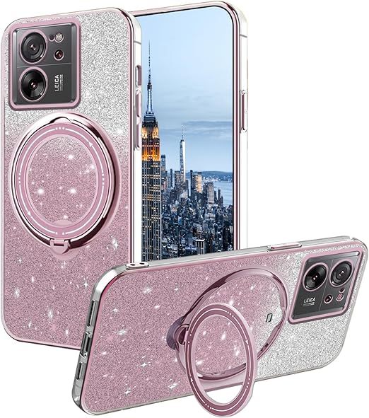 EnZo Compatible with Xiaomi 13T Pro Case Glitter with Stand Pink,Xiaomi 13T Phone Case Silicone Transparent Support Wireless Charging Shockproof Luxury Protective Cover