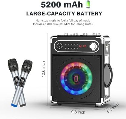 Karaoke Machine with Two Wireless Microphones, Portable Bluetooth Speaker with Bass/Treble Adjustment, Remote Control and LED Lights, Supports TF Card/USB, AUX IN, FM, REC for Party