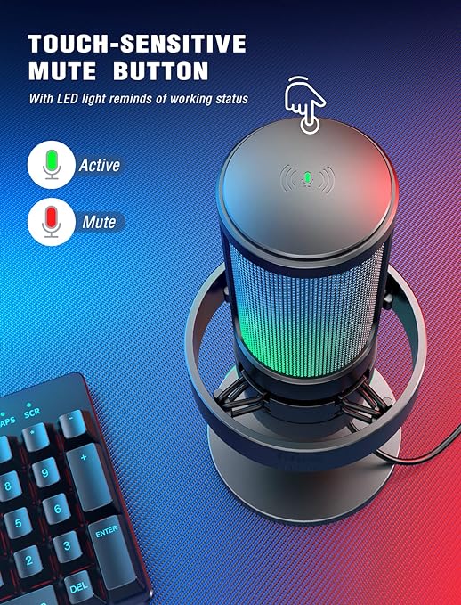 Gaming PC Microphone, USB Desktop Condenser RGB Control Mic for Recording Streaming Podcasts YouTube on Mac/Computer/PS4/PS5, with Mute Button, Mic Gain, Headphone Jack, Monitoring-A8