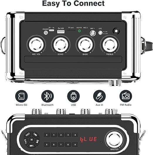 Karaoke Machine with Two Wireless Microphones, Portable Bluetooth Speaker with Bass/Treble Adjustment, Remote Control and LED Lights, Supports TF Card/USB, AUX IN, FM, REC for Party