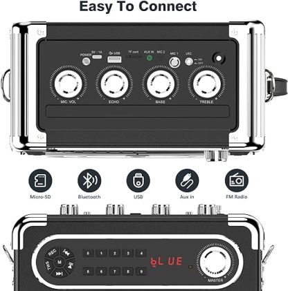 Karaoke Machine with Two Wireless Microphones, Portable Bluetooth Speaker with Bass/Treble Adjustment, Remote Control and LED Lights, Supports TF Card/USB, AUX IN, FM, REC for Party