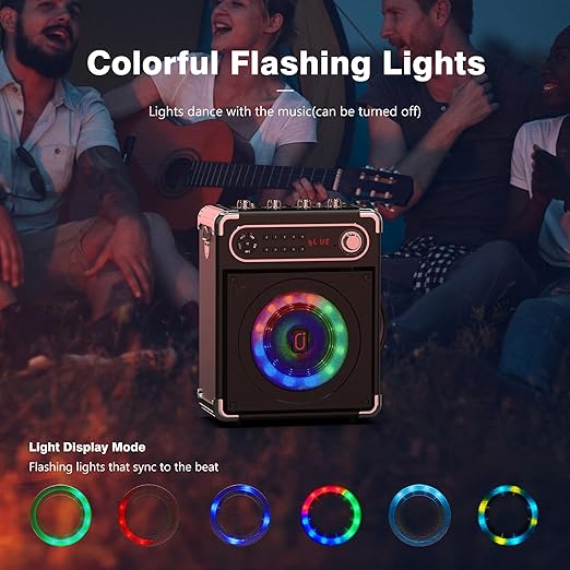 Karaoke Machine with Two Wireless Microphones, Portable Bluetooth Speaker with Bass/Treble Adjustment, Remote Control and LED Lights, Supports TF Card/USB, AUX IN, FM, REC for Party