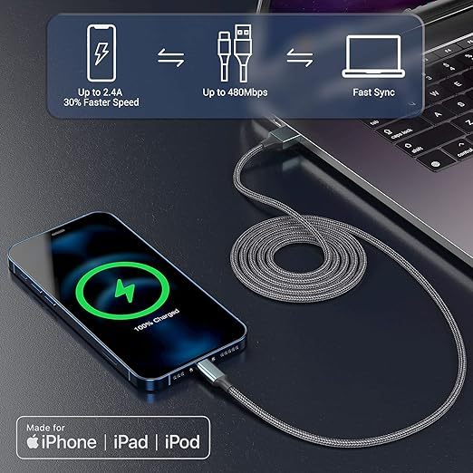 Forset-snail iPhone Charger Cord - MFi Certified Lightning Cable 3Pack 6ft USB-A Fast Charging Durable Nylon Braided iPhone 14 13 12 Mini Pro Max SE(2023) 11 Xs XS XR X 8 7 6 5 Plus iPad iPod AirPods