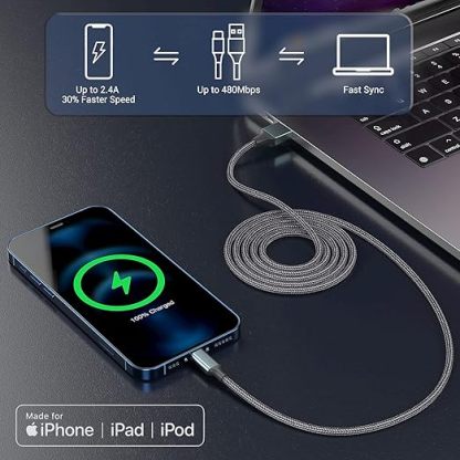 Forset-snail iPhone Charger Cord - MFi Certified Lightning Cable 3Pack 6ft USB-A Fast Charging Durable Nylon Braided iPhone 14 13 12 Mini Pro Max SE(2023) 11 Xs XS XR X 8 7 6 5 Plus iPad iPod AirPods