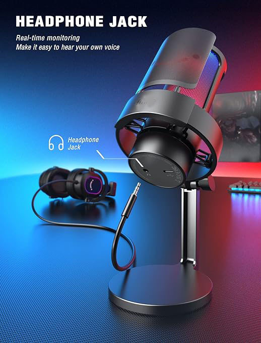 Gaming PC Microphone, USB Desktop Condenser RGB Control Mic for Recording Streaming Podcasts YouTube on Mac/Computer/PS4/PS5, with Mute Button, Mic Gain, Headphone Jack, Monitoring-A8