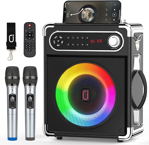 Karaoke Machine with Two Wireless Microphones, Portable Bluetooth Speaker with Bass/Treble Adjustment, Remote Control and LED Lights, Supports TF Card/USB, AUX IN, FM, REC for Party