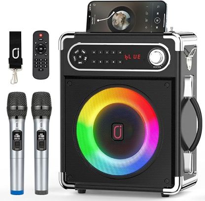 Karaoke Machine with Two Wireless Microphones, Portable Bluetooth Speaker with Bass/Treble Adjustment, Remote Control and LED Lights, Supports TF Card/USB, AUX IN, FM, REC for Party
