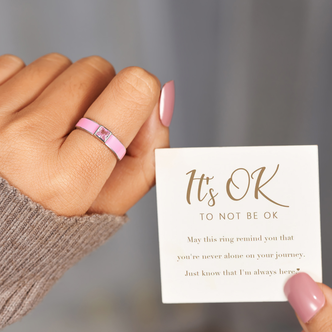 It's OK To Not Be OK Engraved Pink Ribbon Ring