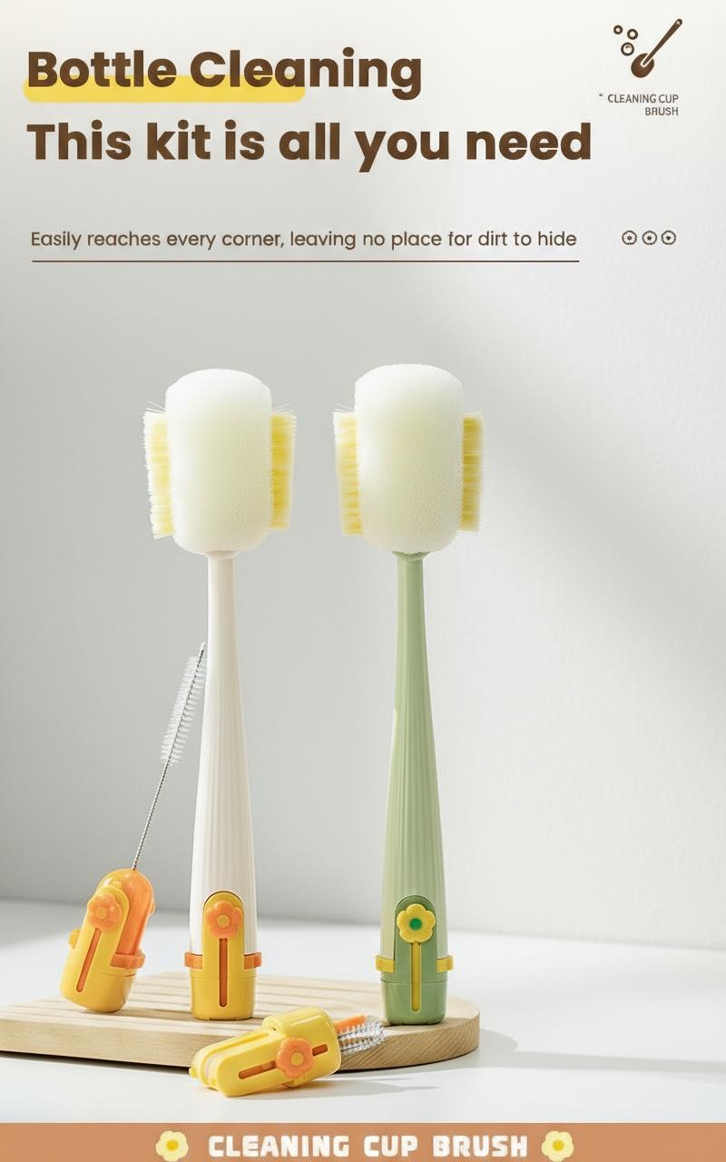 5-in-1 Bottle & Straw Cleaning Brush &ndash; Multifunctional Tool for Bottles, Cups, Straws (Cream White/Jasmine Green)-suhui