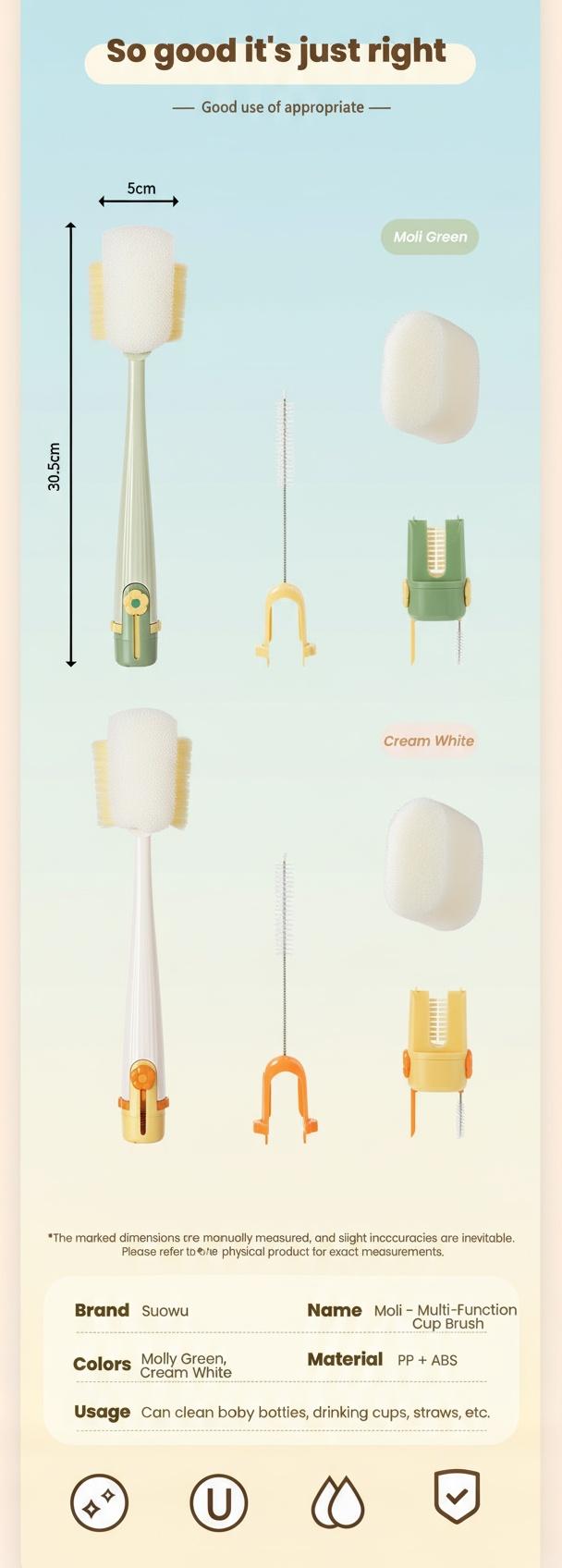 5-in-1 Bottle & Straw Cleaning Brush &ndash; Multifunctional Tool for Bottles, Cups, Straws (Cream White/Jasmine Green)-suhui