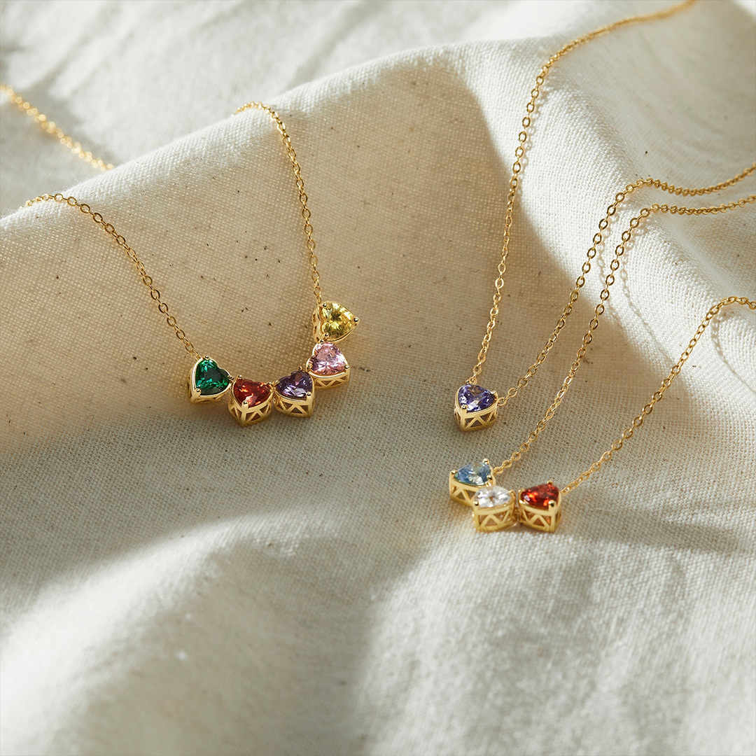 Personalized 1-10 Heart Birthstones Gift For Mom Family Necklace