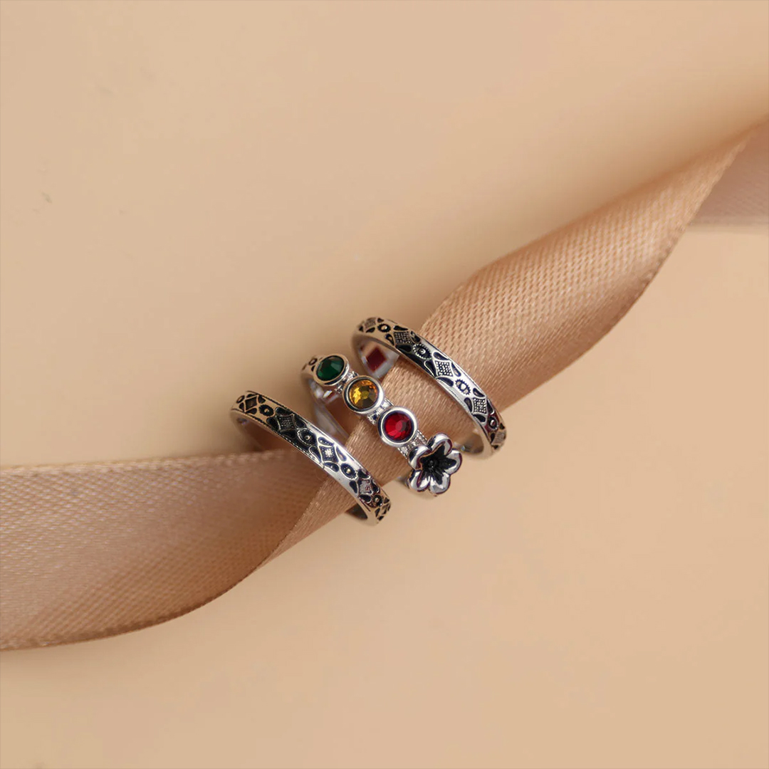 Personalized Multi Birthstone Flower Ring Set