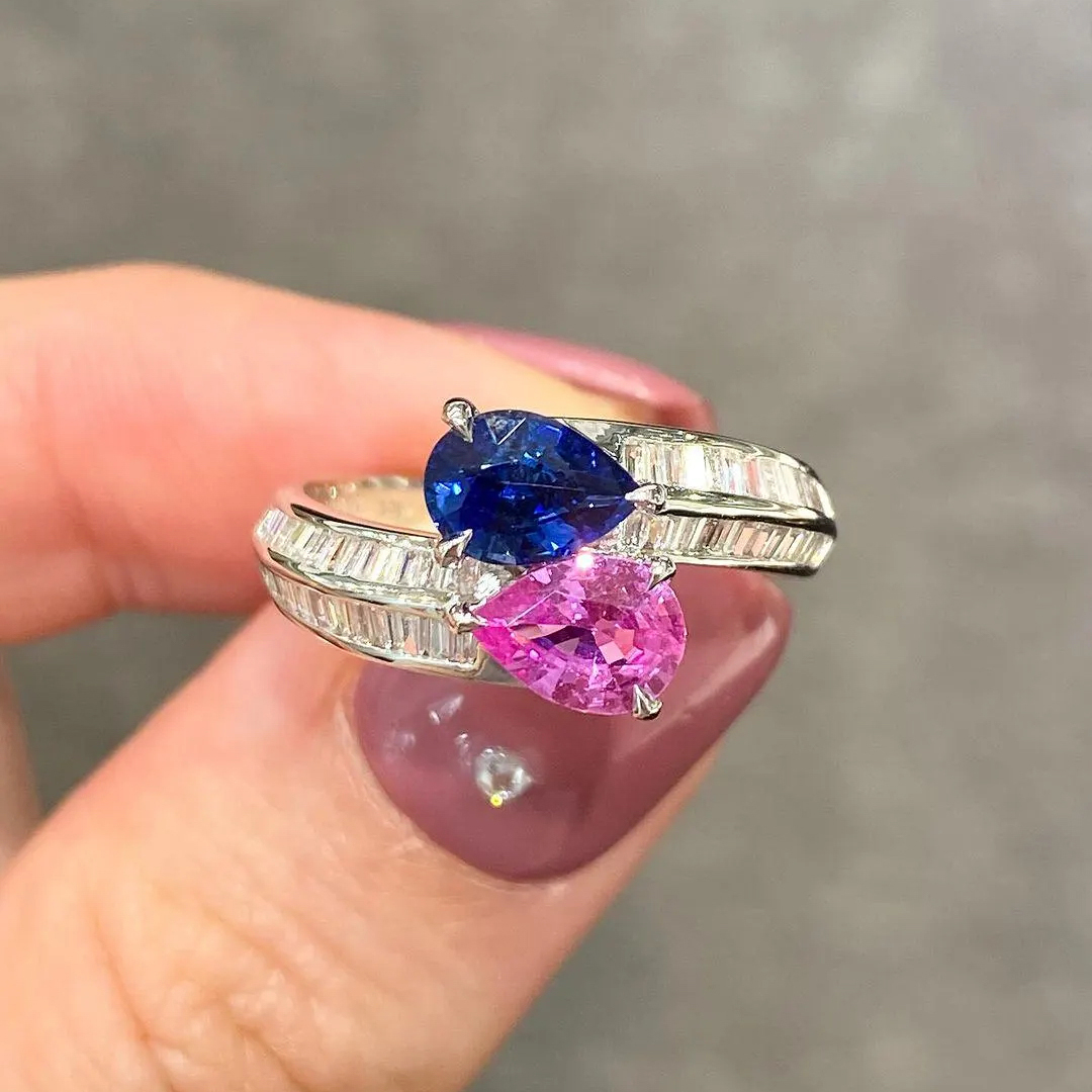 Mama of an Angel Pear Pink & Blue Sapphire Ring