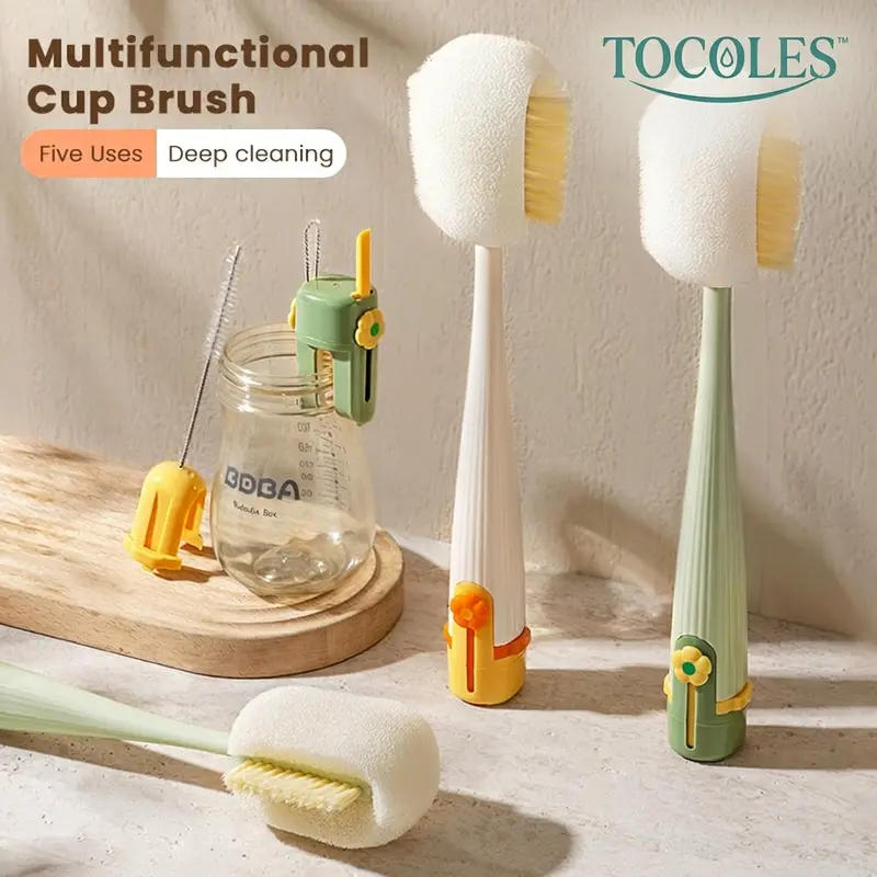 5-in-1 Bottle & Straw Cleaning Brush – Multifunctional Tool for Bottles, Cups, Straws (Cream White/Jasmine Green)-suhui