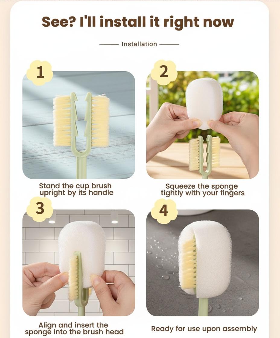 5-in-1 Bottle & Straw Cleaning Brush &ndash; Multifunctional Tool for Bottles, Cups, Straws (Cream White/Jasmine Green)-suhui