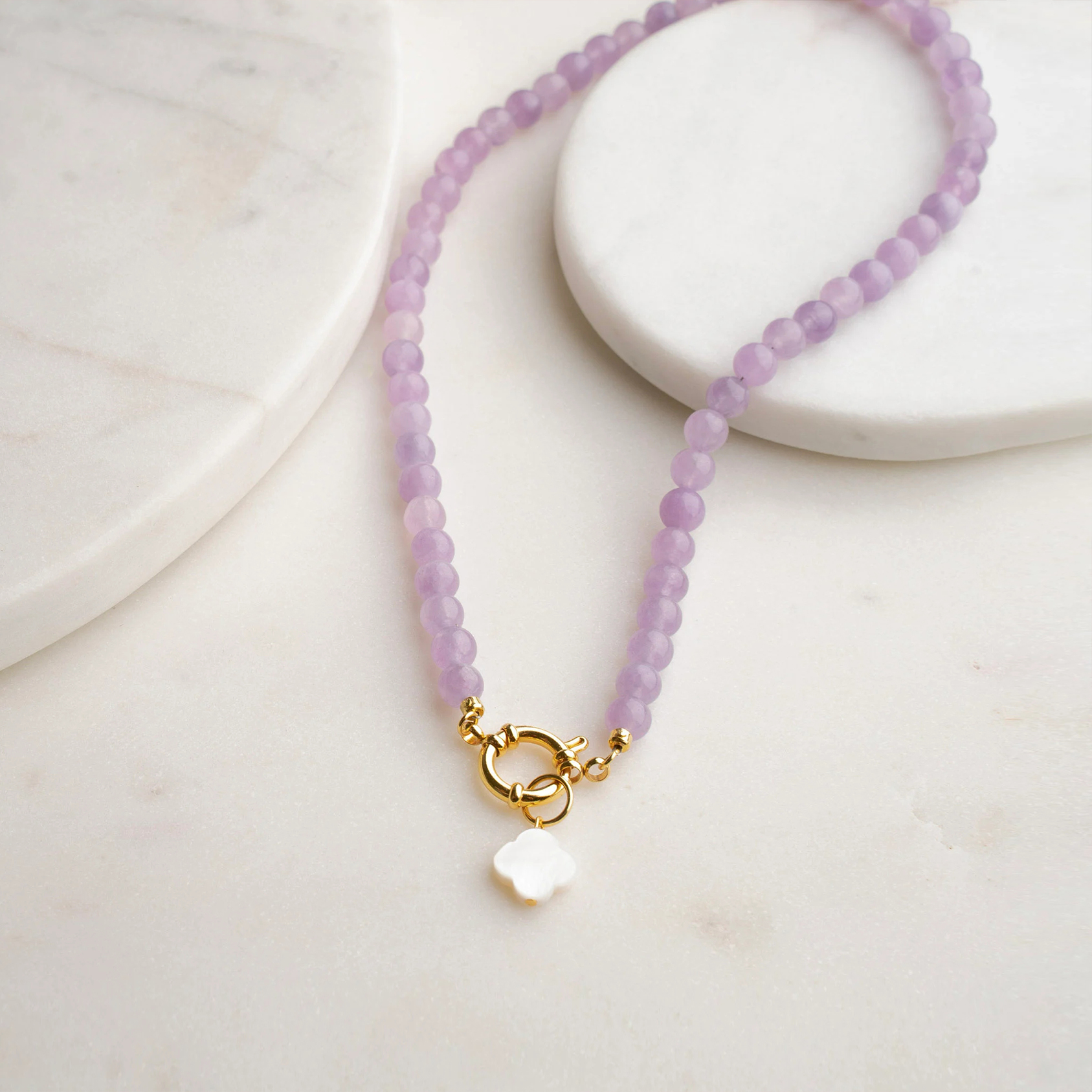 Lupus Lavender Purple Jade with Clover Pendant Necklace