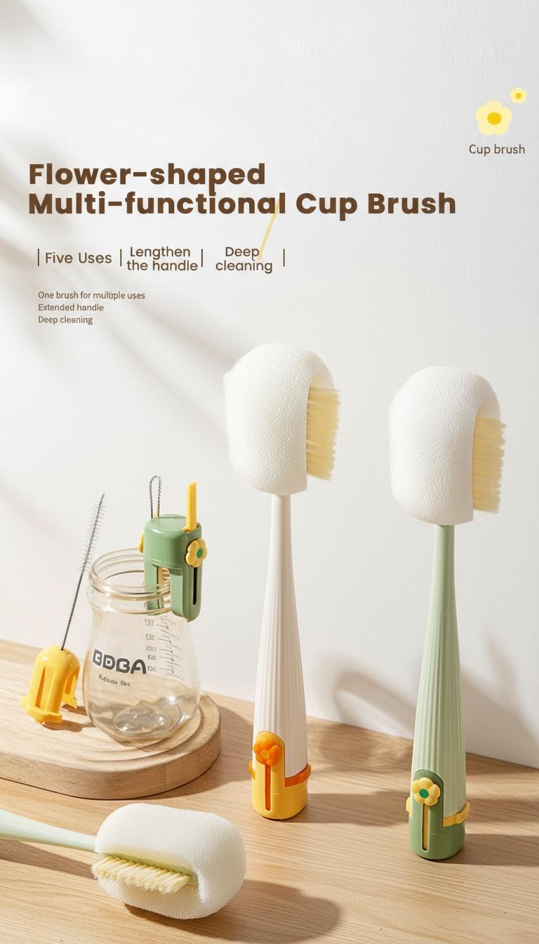 5-in-1 Bottle & Straw Cleaning Brush &ndash; Multifunctional Tool for Bottles, Cups, Straws (Cream White/Jasmine Green)-suhui
