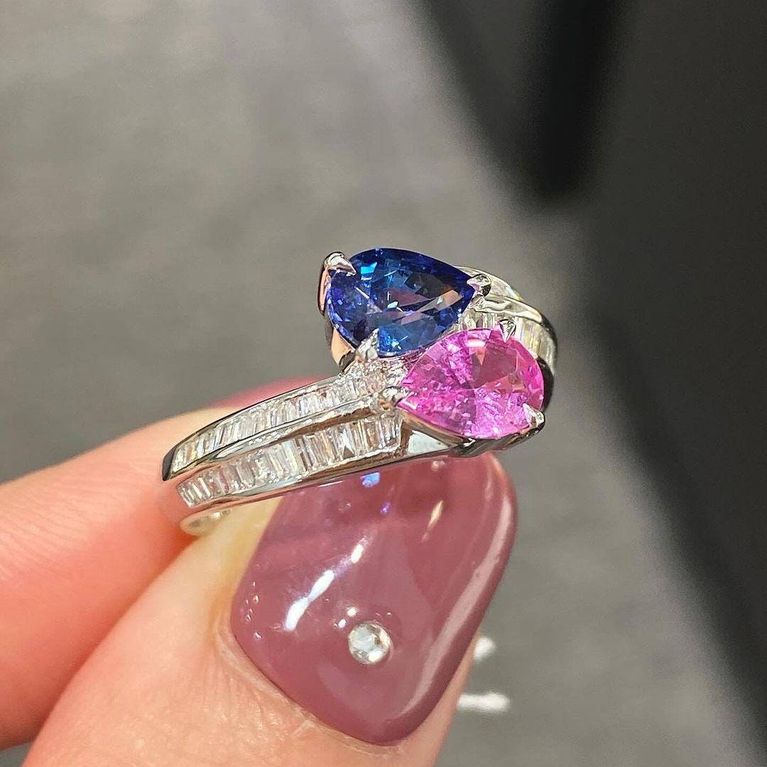 Mama of an Angel Pear Pink & Blue Sapphire Ring