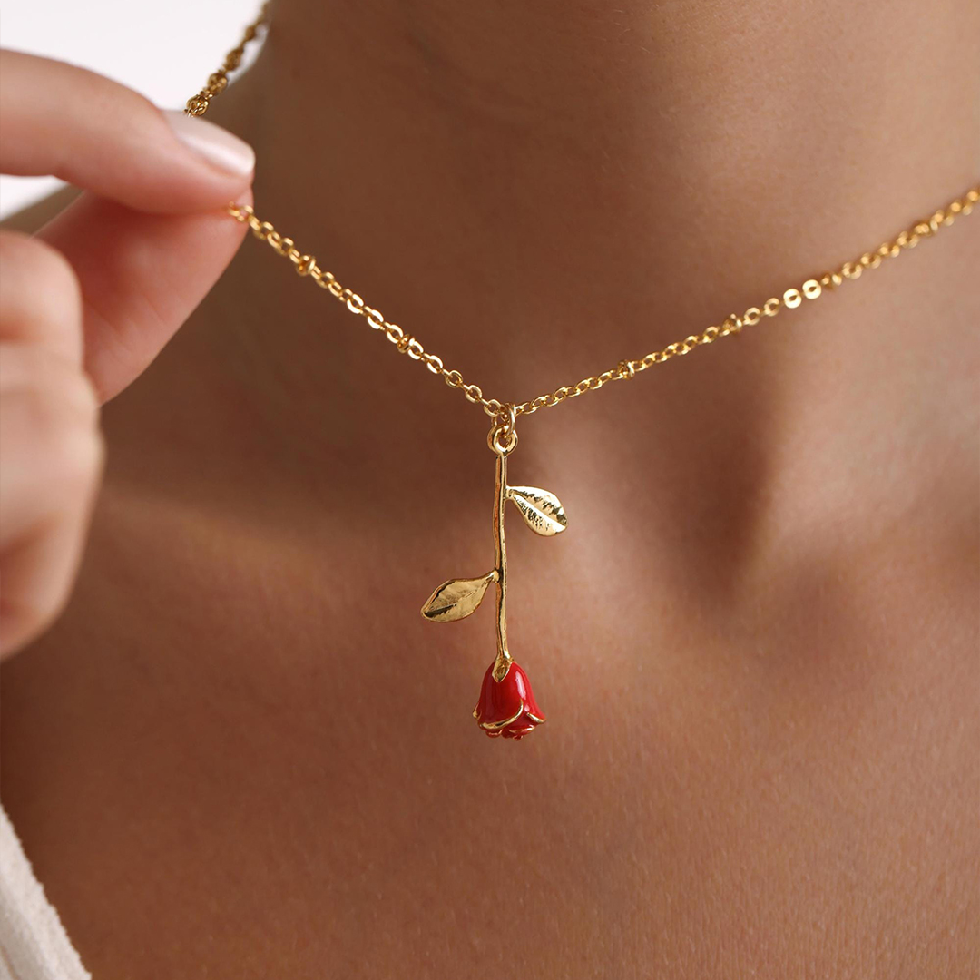 To Me From Me White Red Enamel Rose Flower Necklace