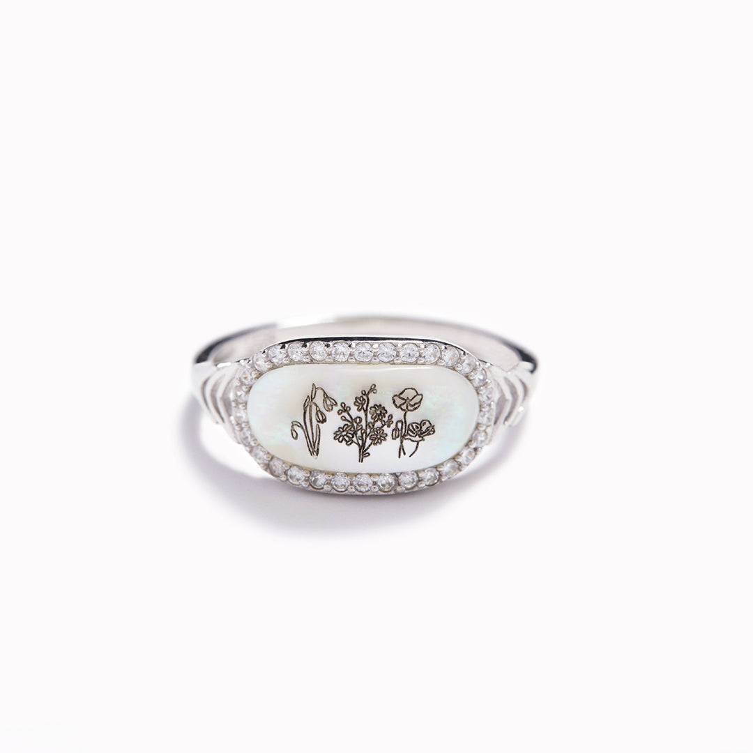 Family Wildflowers Garden Engraved Birth Flowers Shell Ring
