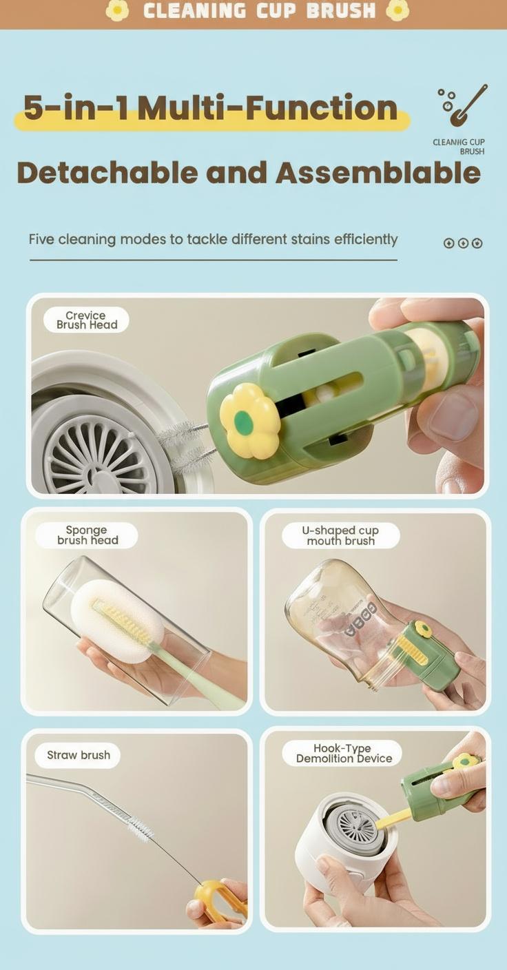 5-in-1 Bottle & Straw Cleaning Brush &ndash; Multifunctional Tool for Bottles, Cups, Straws (Cream White/Jasmine Green)-suhui