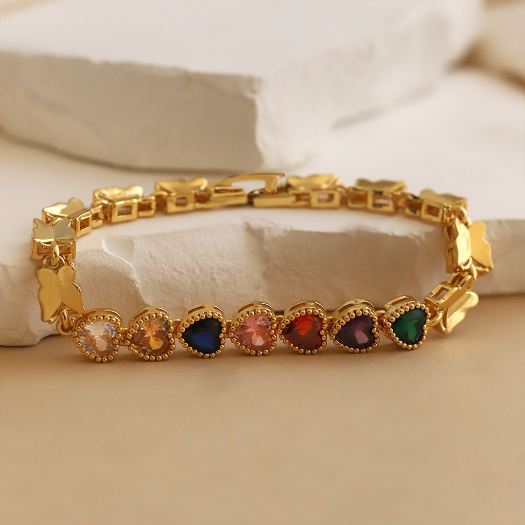 Personalized 1-8 Rainbow Heart Stones And Butterfly Bracelet