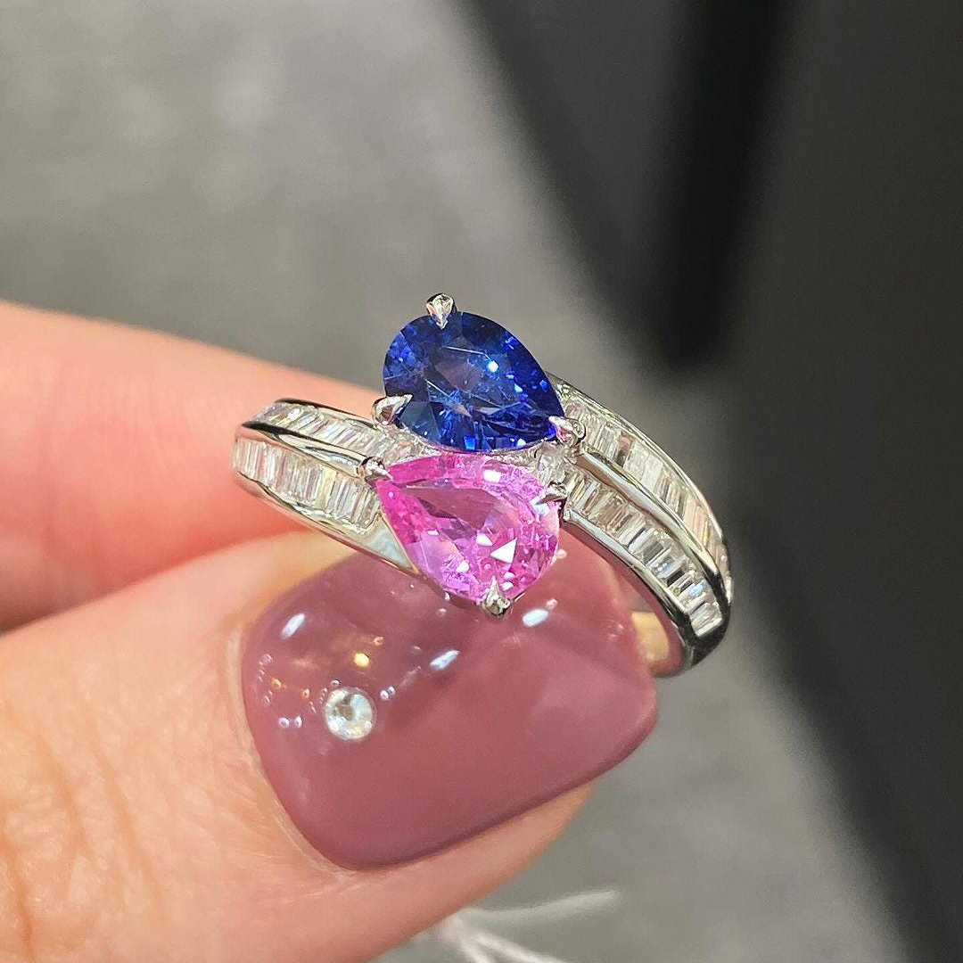 Mama of an Angel Pear Pink & Blue Sapphire Ring