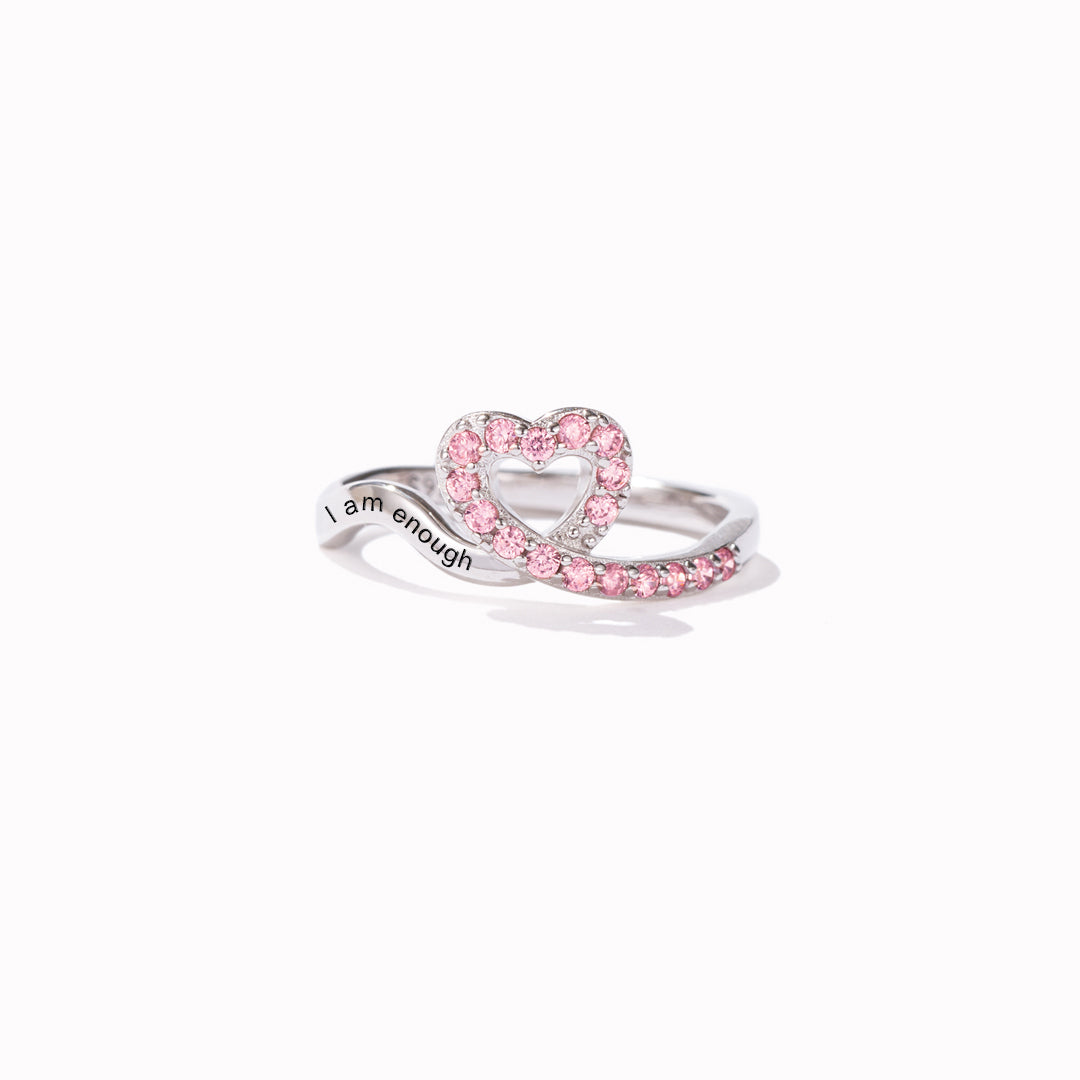 S925 Raise Confidence I Am Enough Red Ribbon Heart Ring