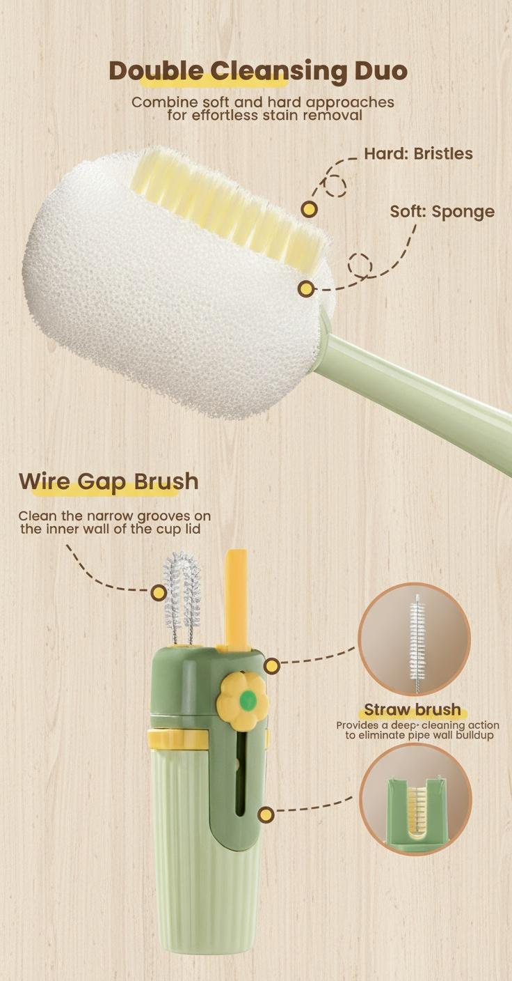 5-in-1 Bottle & Straw Cleaning Brush &ndash; Multifunctional Tool for Bottles, Cups, Straws (Cream White/Jasmine Green)-suhui
