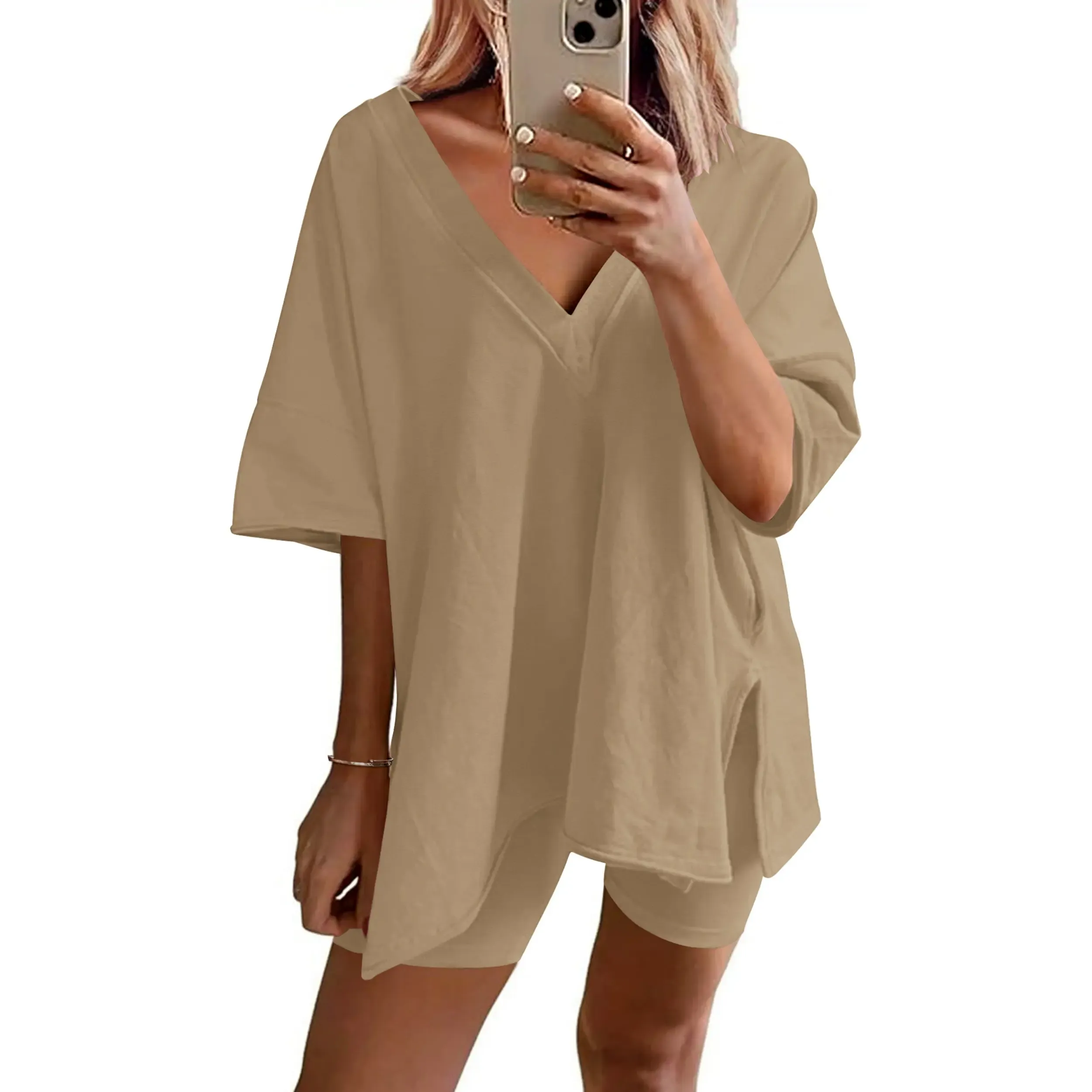 V-neck Two-Piece Pajama Set For Women Summer Casual Oversized Split Hem Shirts & Biker Shorts Minimalist Lounge Wear Soft Homewear Cozy Pjs Clothes Comfy