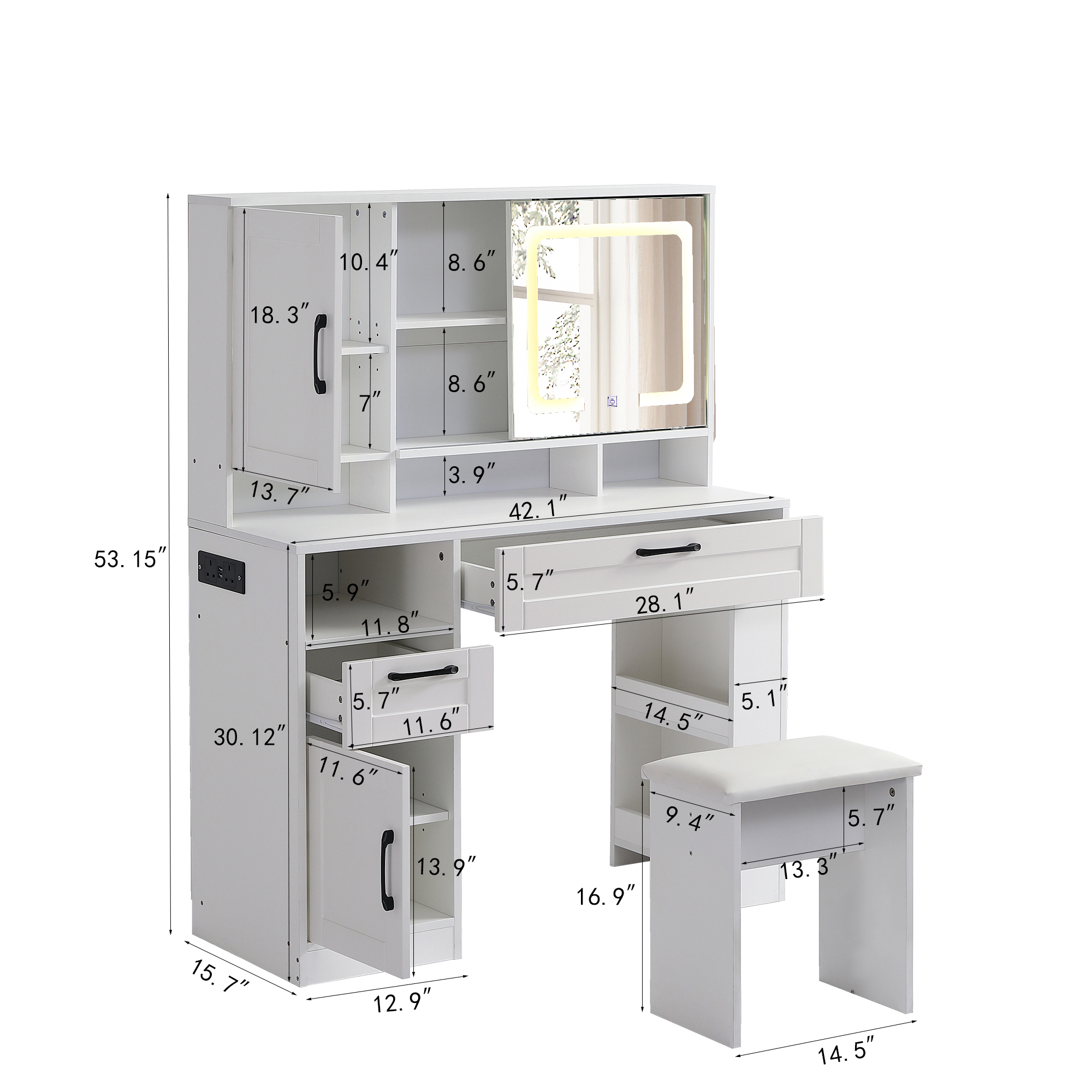 Leavader White dresser with sliding illuminated mirror & 2 drawers & storage shelves & ottoman