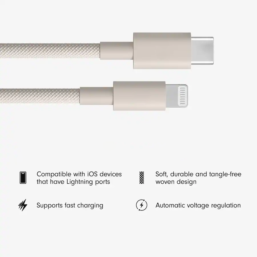 USB-C to Lightning-Compatible Woven Charging Cable – 5ft – Stone Gray