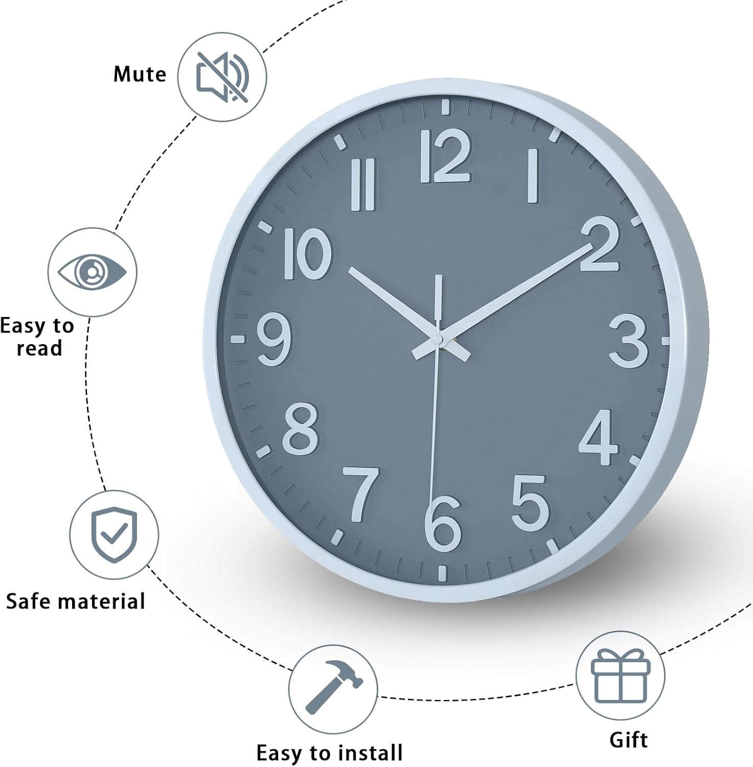 Wall Clocks Battery Operated 8 inch Modern Wall Clock,Silent Non Ticking Wall Clock for Living Room Bedroom Kitchen Office Classroom Decor (Gray White)