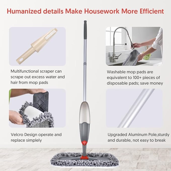 Spray Mop for Floor Cleaning, Microfiber Floor Mop Dry Wet Mop Spray with 3 Washable Mop Pads & 635ML Refillable Bottle, Dust Cleaning Mop for Hardwood Laminate Tile Floors