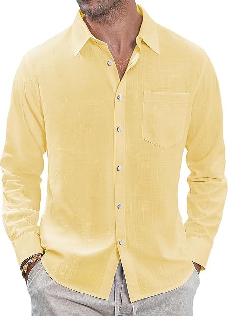 Men's casual lapel solid color long sleeve button top