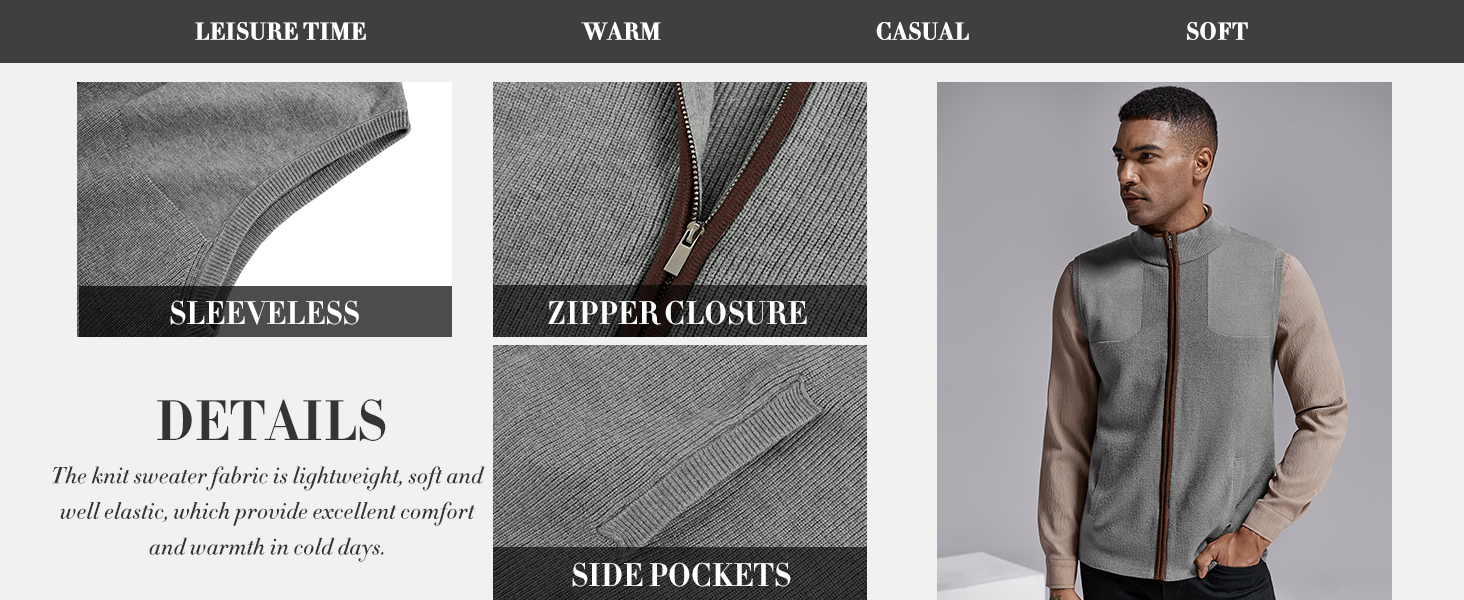 Mens Full Zip Cardigan Sweater Vest Casual Sleeveless Knitted Zip Up Stand Collar Regular Fit
