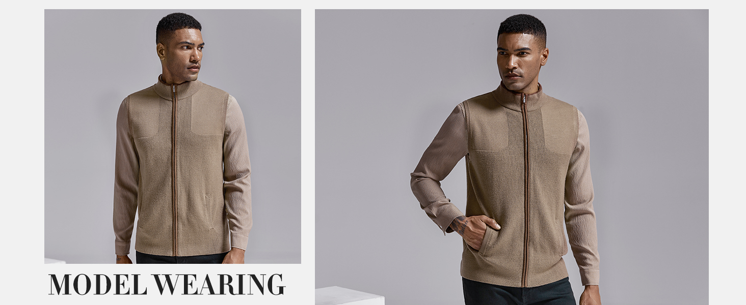 Mens Full Zip Cardigan Sweater Vest Casual Sleeveless Knitted Zip Up Stand Collar Regular Fit