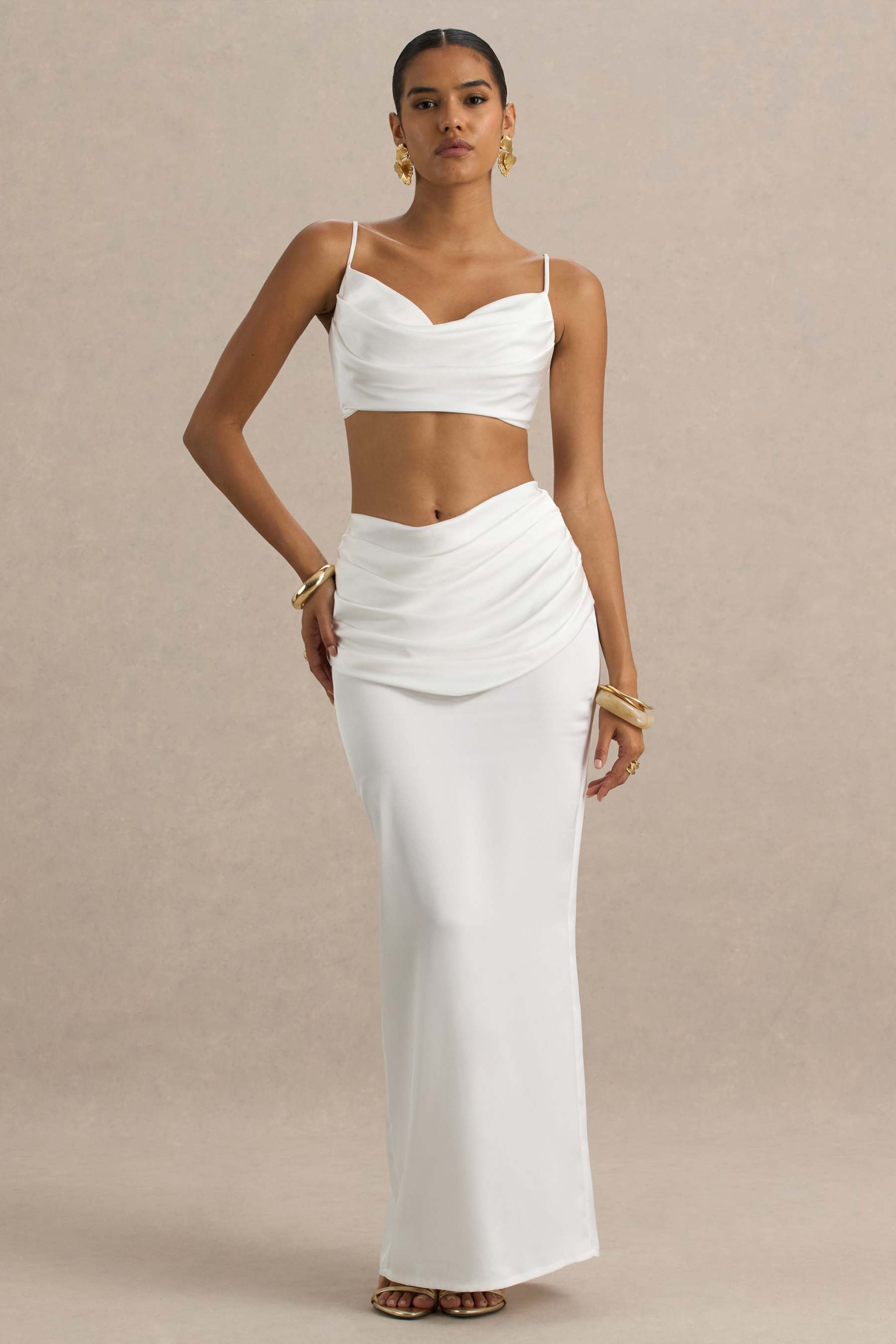 Rosita | White Ruched Maxi Skirt