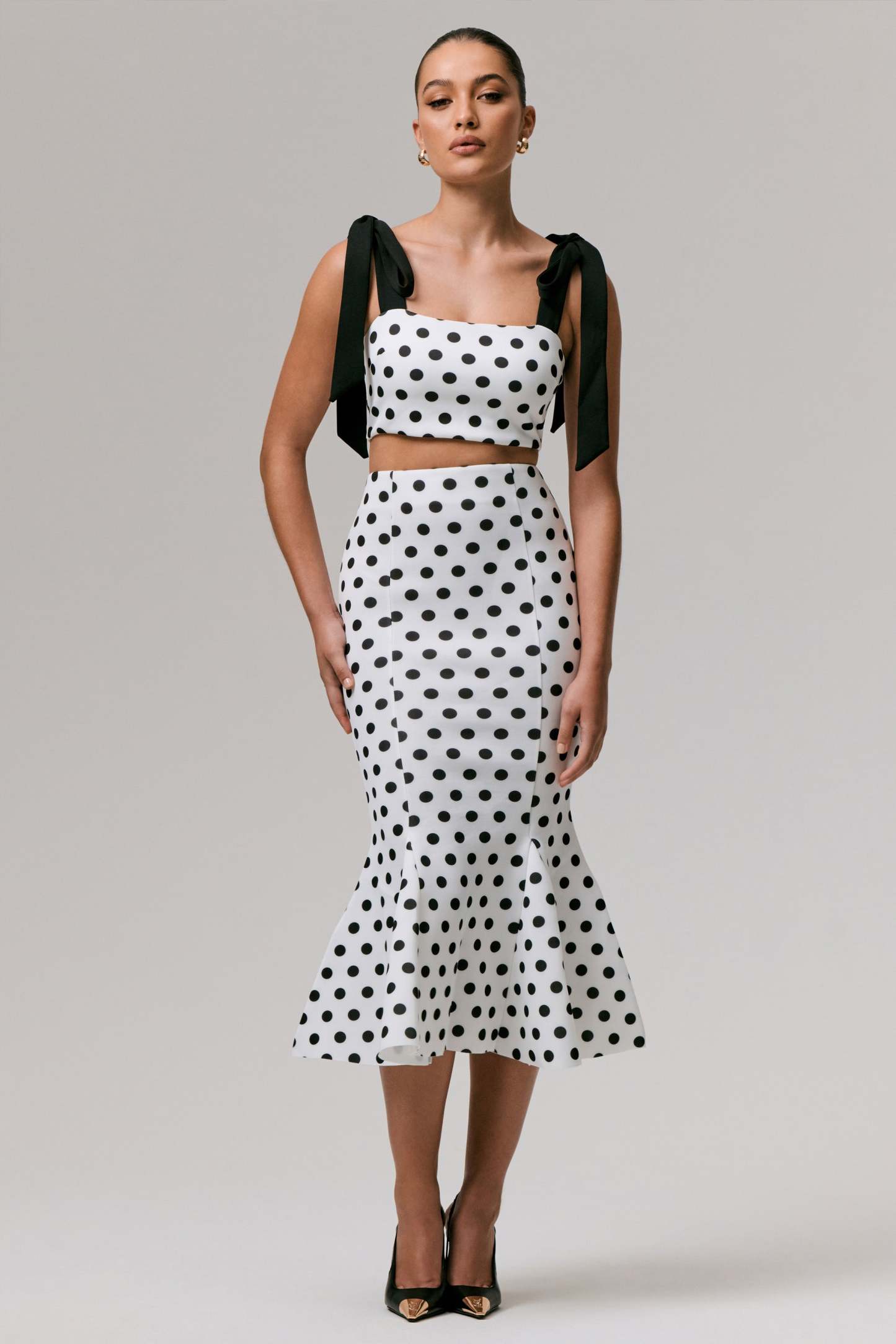 Amadea | Black & White Polka Dot Fishtail Midi Skirt